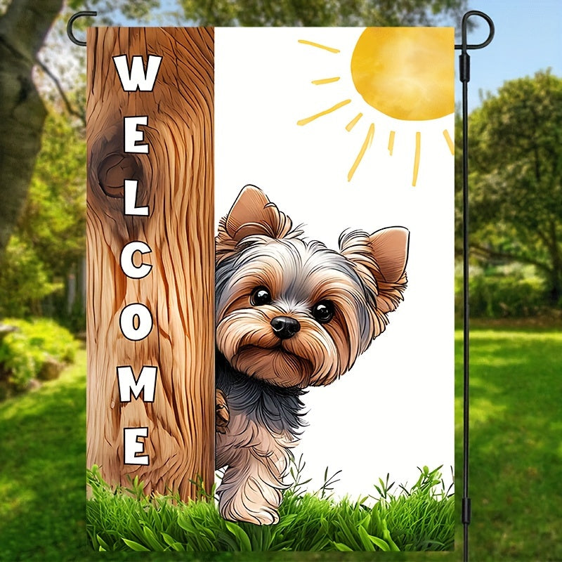 1pc, Yorkshire Sunshine Welcome Garden Flag, Lovely Puppy Dog Theme House Flag, Front Door Sign Vertical Burlap Lawn Flag, Double Sided Waterproof Flag 12*18inch