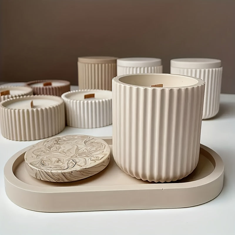 4pcs Silicone Candle Holder Mold with Oval Tray - DIY Home Decoration Handmade Gypsum And Concrete Flowerpot Candle Holder Making Kit, Striped Storage Tank Design - No Power Wax Molding Product