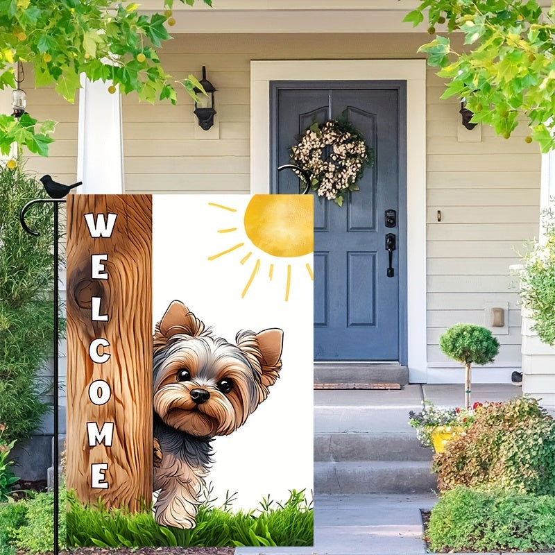 1pc, Yorkshire Sunshine Welcome Garden Flag, Lovely Puppy Dog Theme House Flag, Front Door Sign Vertical Burlap Lawn Flag, Double Sided Waterproof Flag 12*18inch