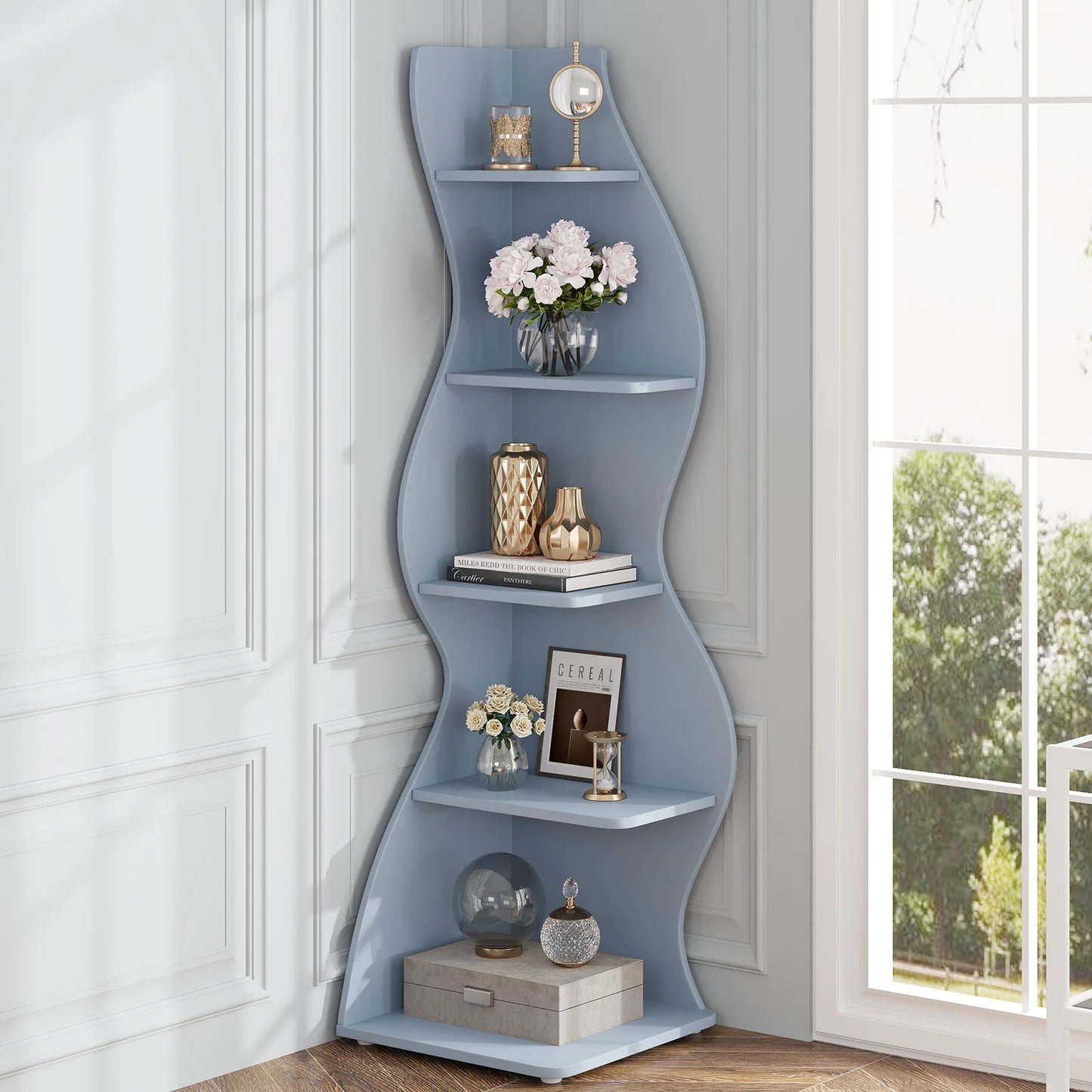 Tribe signs Corner Shelf, Modern 5-Tier Wall Corner Bookshelf, Stylish Corner Small Bookcase Storage Rack Plant Stand