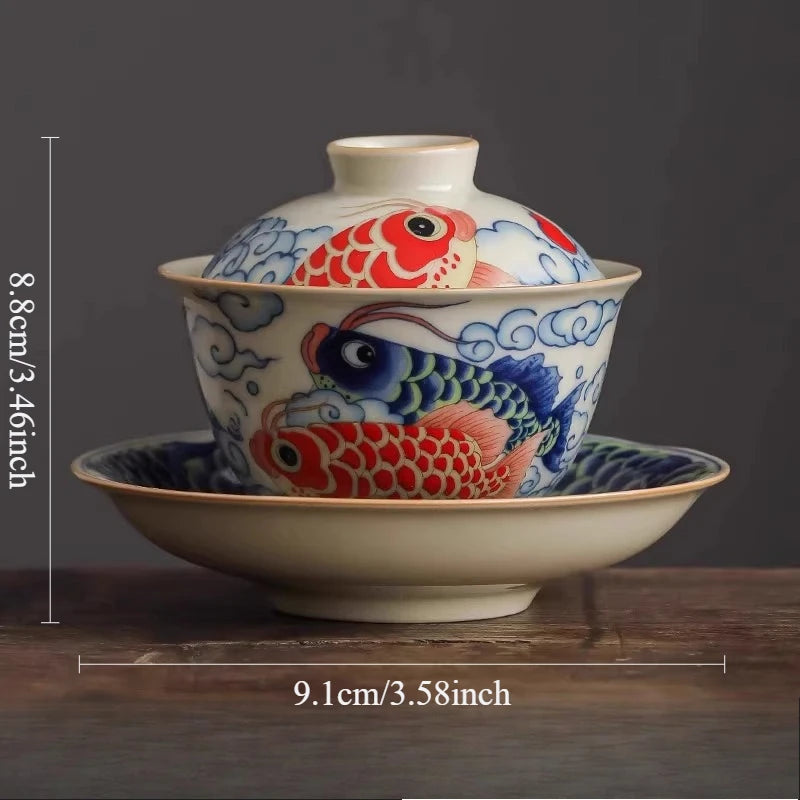 Dragon Fish Triple Talisman Covered Bowl Home-use Chinese Tea Pitcher Single-piece Non-burning Tea Set with Lid Kung Fu