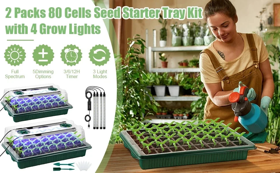 2 Packs, Seed Starter Trays With High Dome Germination Kit - 80 Cells, 4 LED Grow Lights, Smart Timer & 3 Modes For Home Gardene