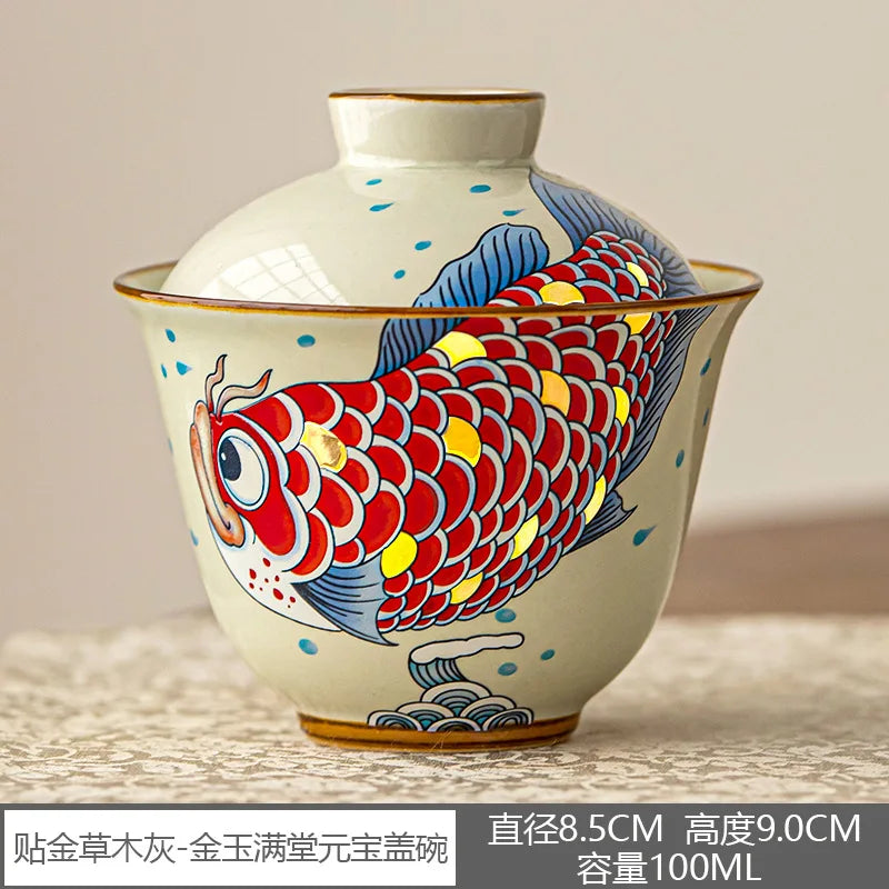 Chinese Arowana ceramic teapot with matching retro Kung Fu teacup — perfect for collectors, tea lovers, and elegant household décor