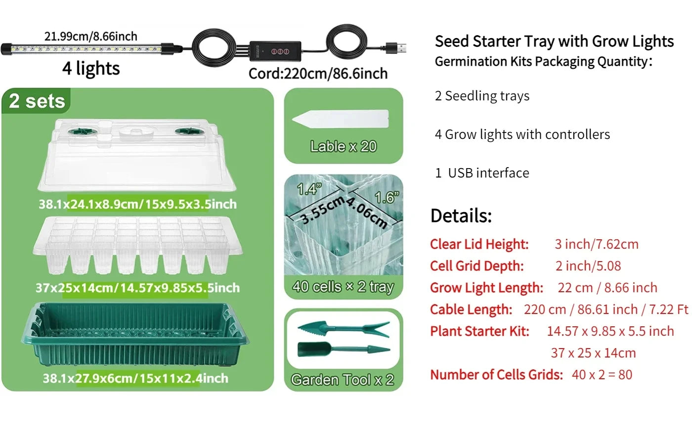 2 Packs, Seed Starter Trays With High Dome Germination Kit - 80 Cells, 4 LED Grow Lights, Smart Timer & 3 Modes For Home Gardene
