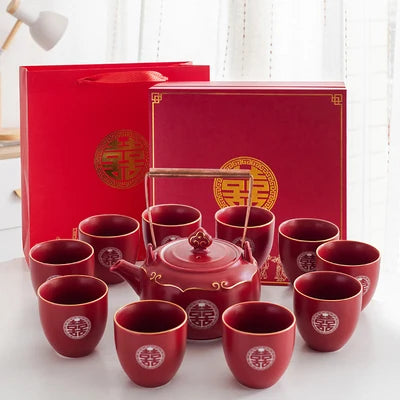 classic Double Happiness teapot paired with matching cups — vibrant red, beautifully detailed, and perfect for weddings, home décor, or thoughtful gifting.