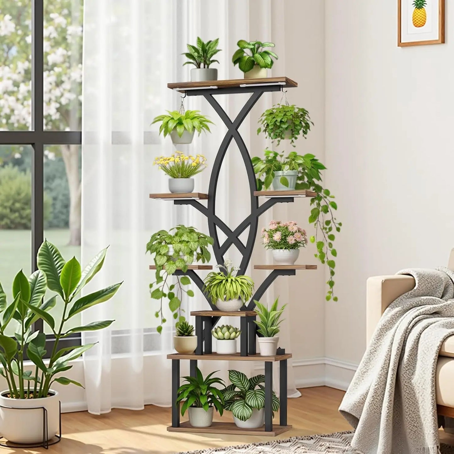8-Tier Corner Plant Stand with Grow Lights, Storage Drawer, and Hooks for Indoor Plants - 65" Tall Metal Shelf