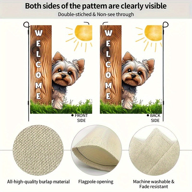 1pc, Yorkshire Sunshine Welcome Garden Flag, Lovely Puppy Dog Theme House Flag, Front Door Sign Vertical Burlap Lawn Flag, Double Sided Waterproof Flag 12*18inch