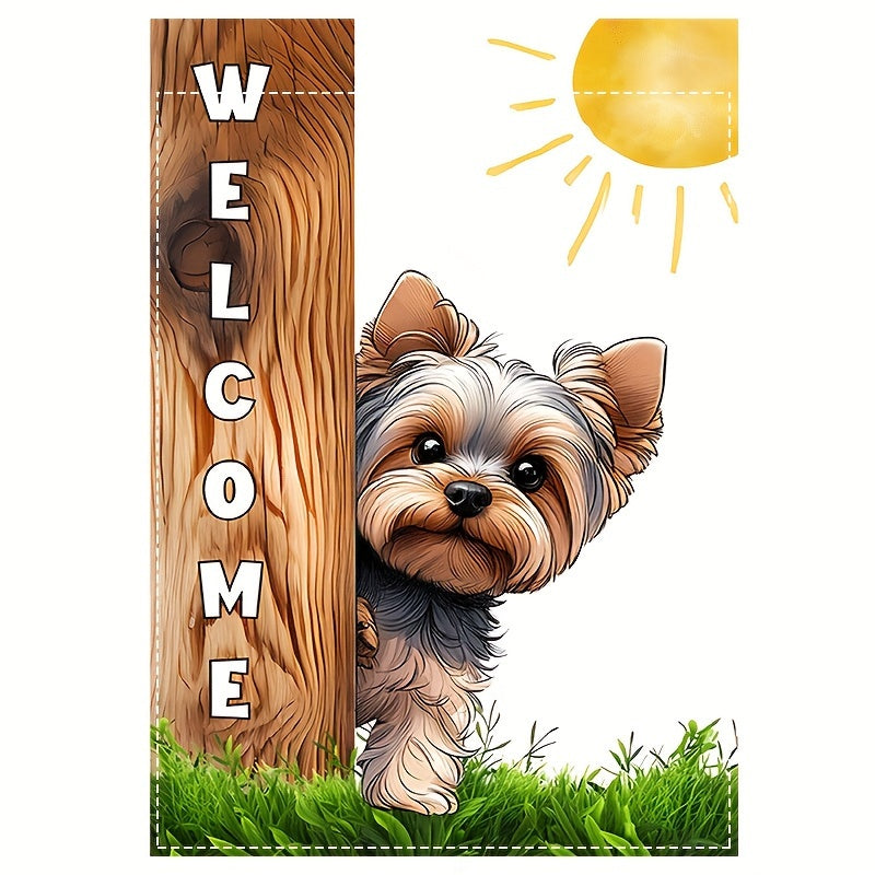 1pc, Yorkshire Sunshine Welcome Garden Flag, Lovely Puppy Dog Theme House Flag, Front Door Sign Vertical Burlap Lawn Flag, Double Sided Waterproof Flag 12*18inch