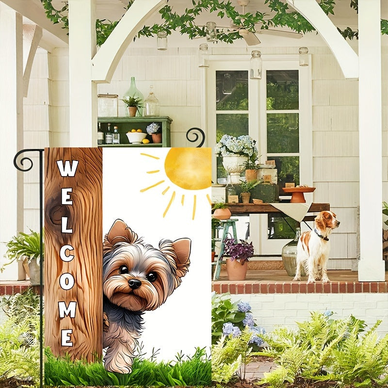 1pc, Yorkshire Sunshine Welcome Garden Flag, Lovely Puppy Dog Theme House Flag, Front Door Sign Vertical Burlap Lawn Flag, Double Sided Waterproof Flag 12*18inch