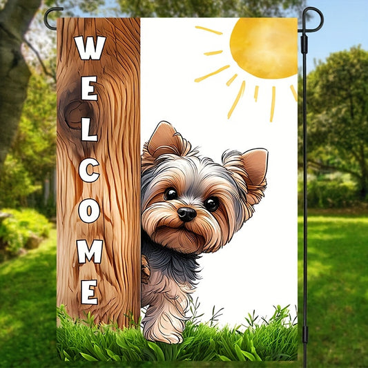 1pc, Yorkshire Sunshine Welcome Garden Flag, Lovely Puppy Dog Theme House Flag, Front Door Sign Vertical Burlap Lawn Flag, Double Sided Waterproof Flag 12*18inch