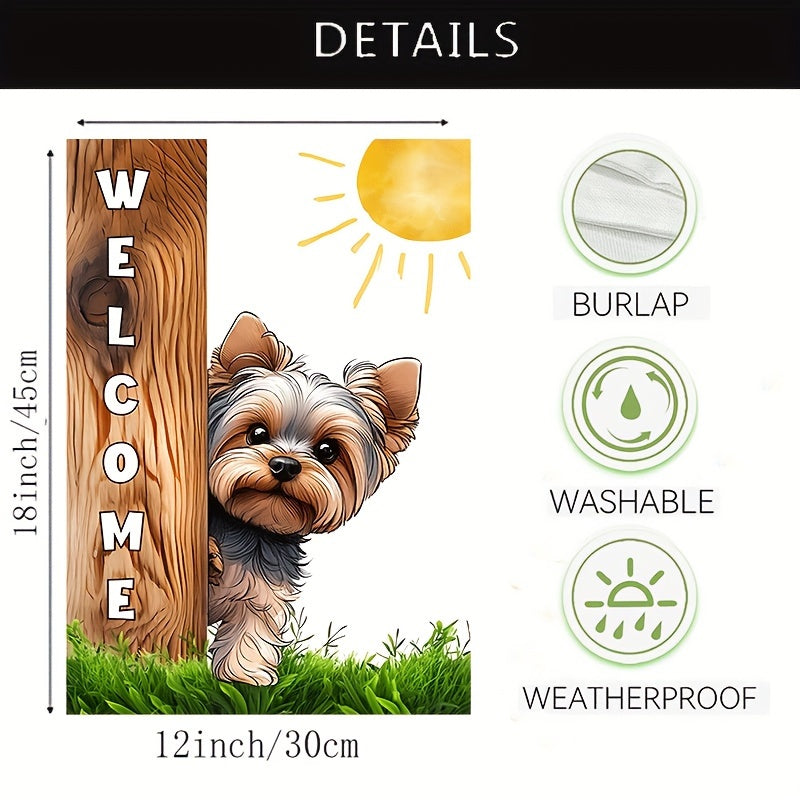 1pc, Yorkshire Sunshine Welcome Garden Flag, Lovely Puppy Dog Theme House Flag, Front Door Sign Vertical Burlap Lawn Flag, Double Sided Waterproof Flag 12*18inch