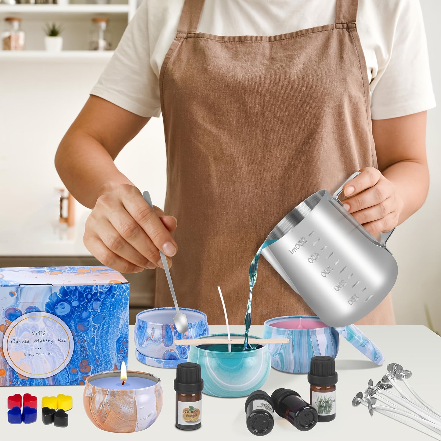 [Candle Making Kit for Adults] DIY Candle Making Kit for Adults - 9 Candle Jars, 4 Beeswax, 8 Dye Blocks, 500ml Melting Pot - Arts Crafts Hobby Kit Gift Set, Home Decor, Fall Candles