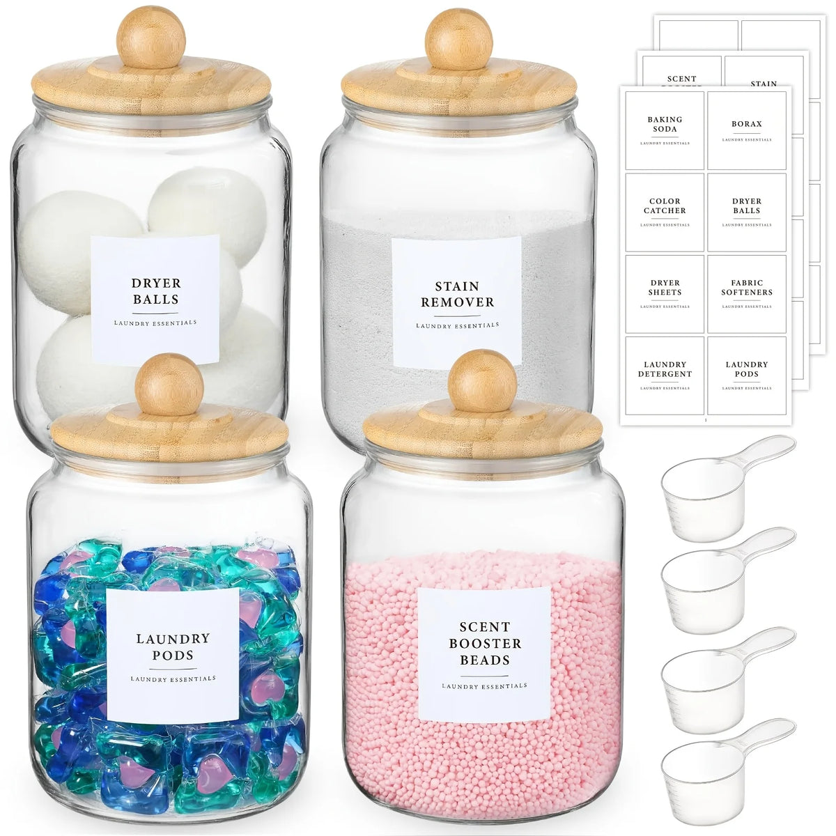 Look at these half‑gallon glass jars — airtight lids, labels, and matching spoons for detergent, pods, and scent boosters. Clean storage, modern laundry décor, and beautifully organized shelves.