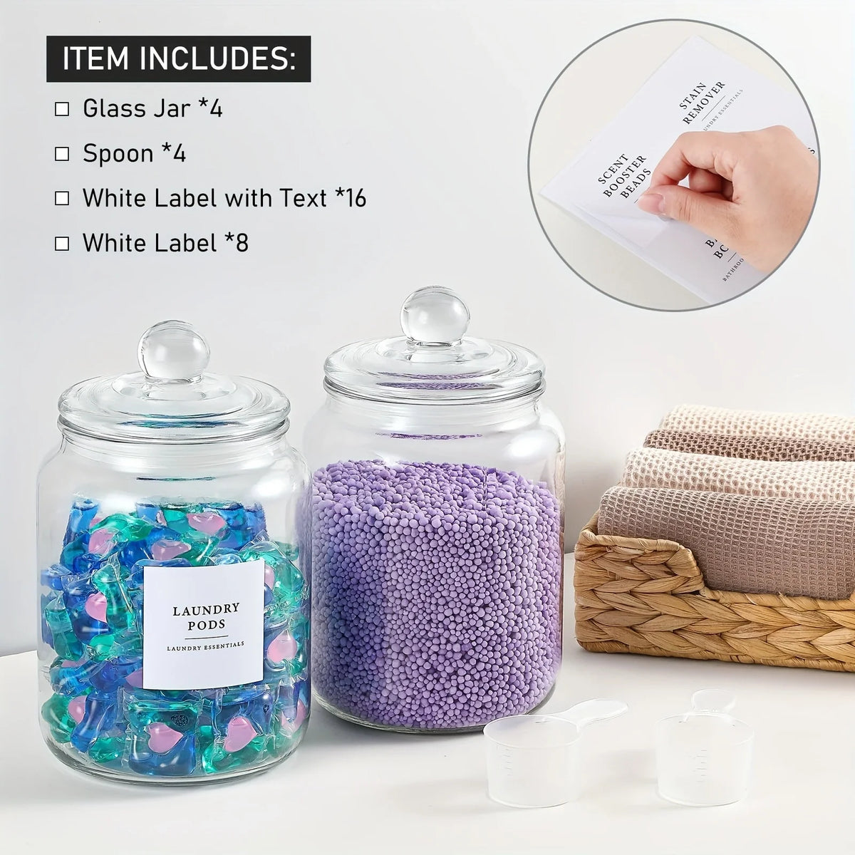 Look at these half‑gallon glass jars — airtight lids, labels, and matching spoons for detergent, pods, and scent boosters. Clean storage, modern laundry décor, and beautifully organized shelves.