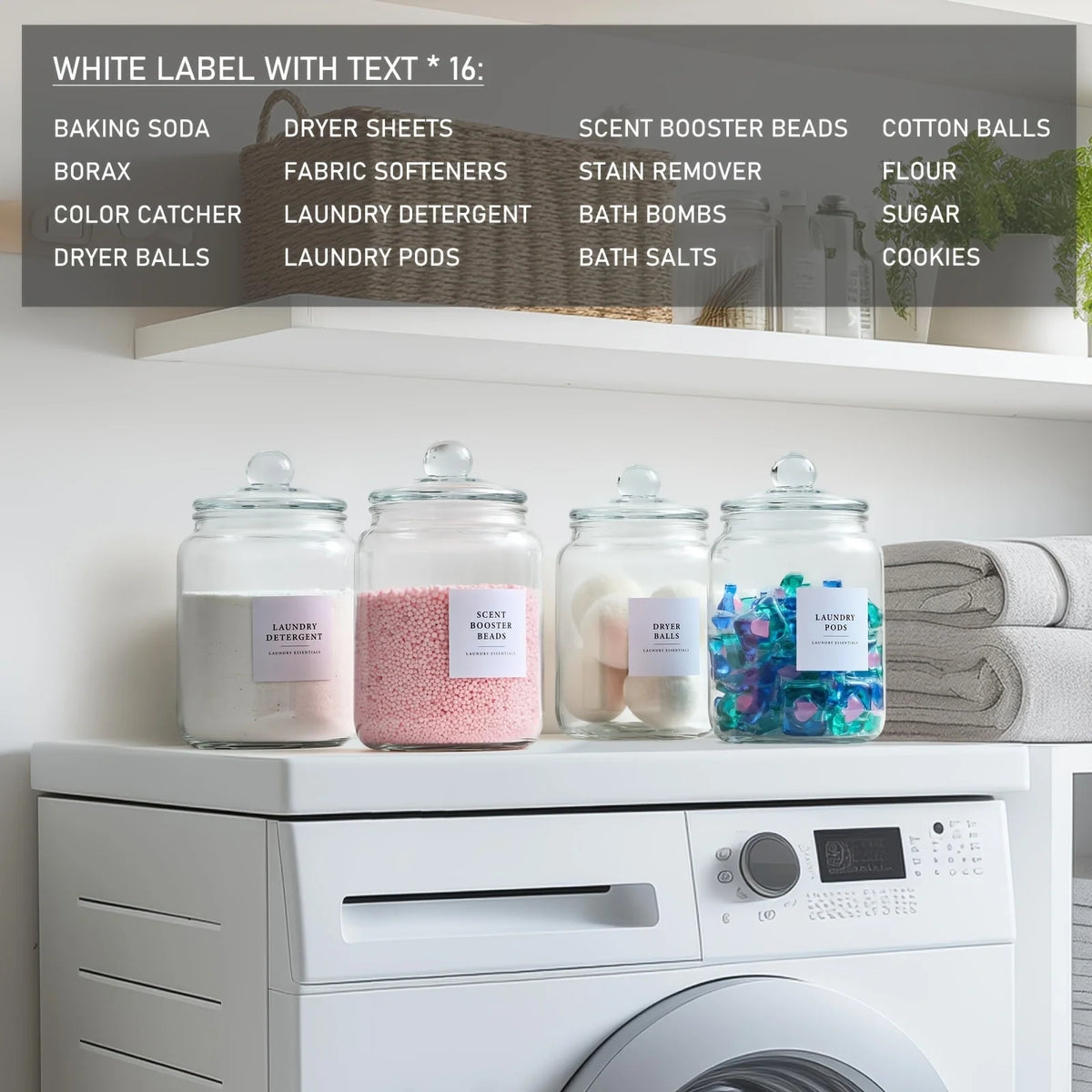 Look at these half‑gallon glass jars — airtight lids, labels, and matching spoons for detergent, pods, and scent boosters. Clean storage, modern laundry décor, and beautifully organized shelves.