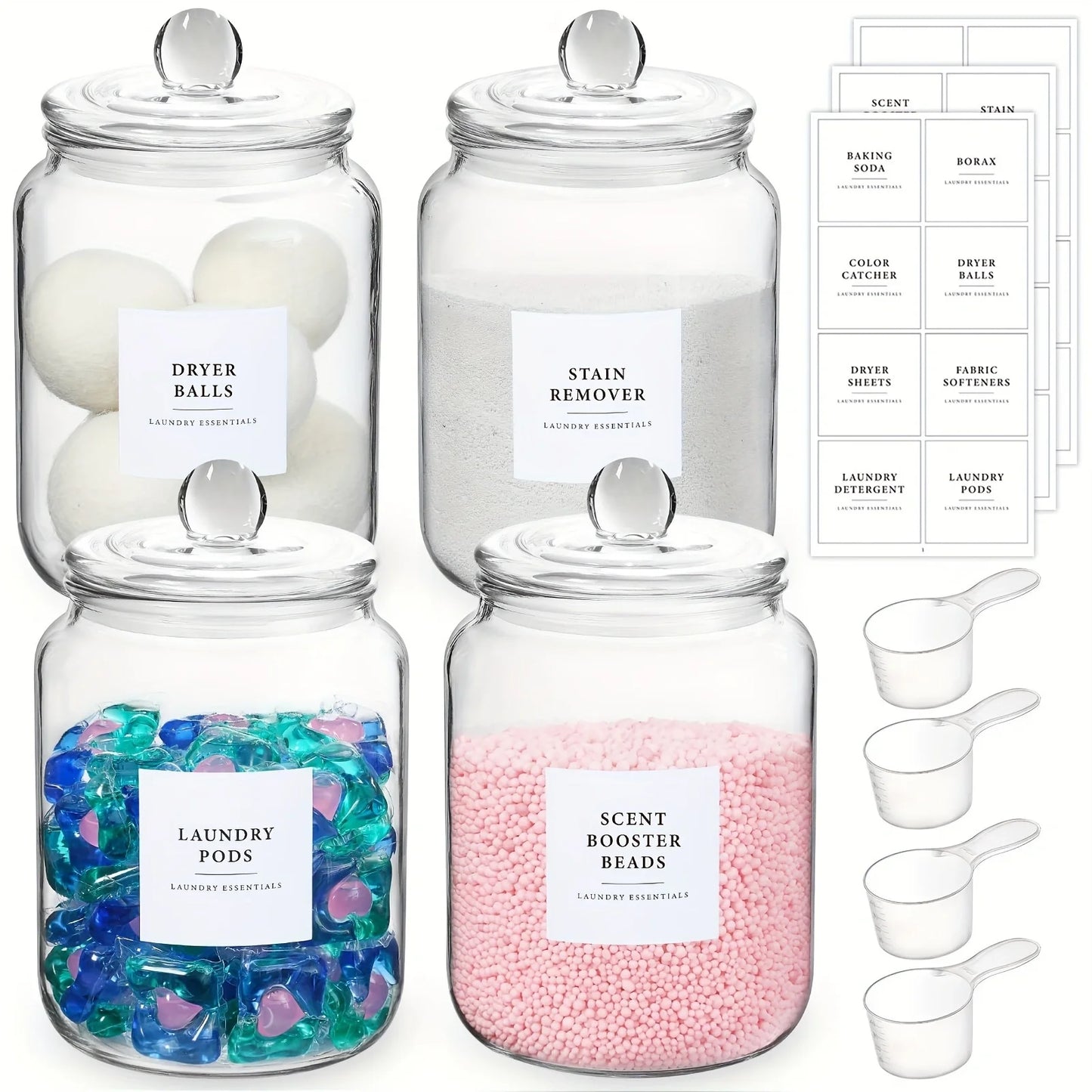 Look at these half‑gallon glass jars — airtight lids, labels, and matching spoons for detergent, pods, and scent boosters. Clean storage, modern laundry décor, and beautifully organized shelves.