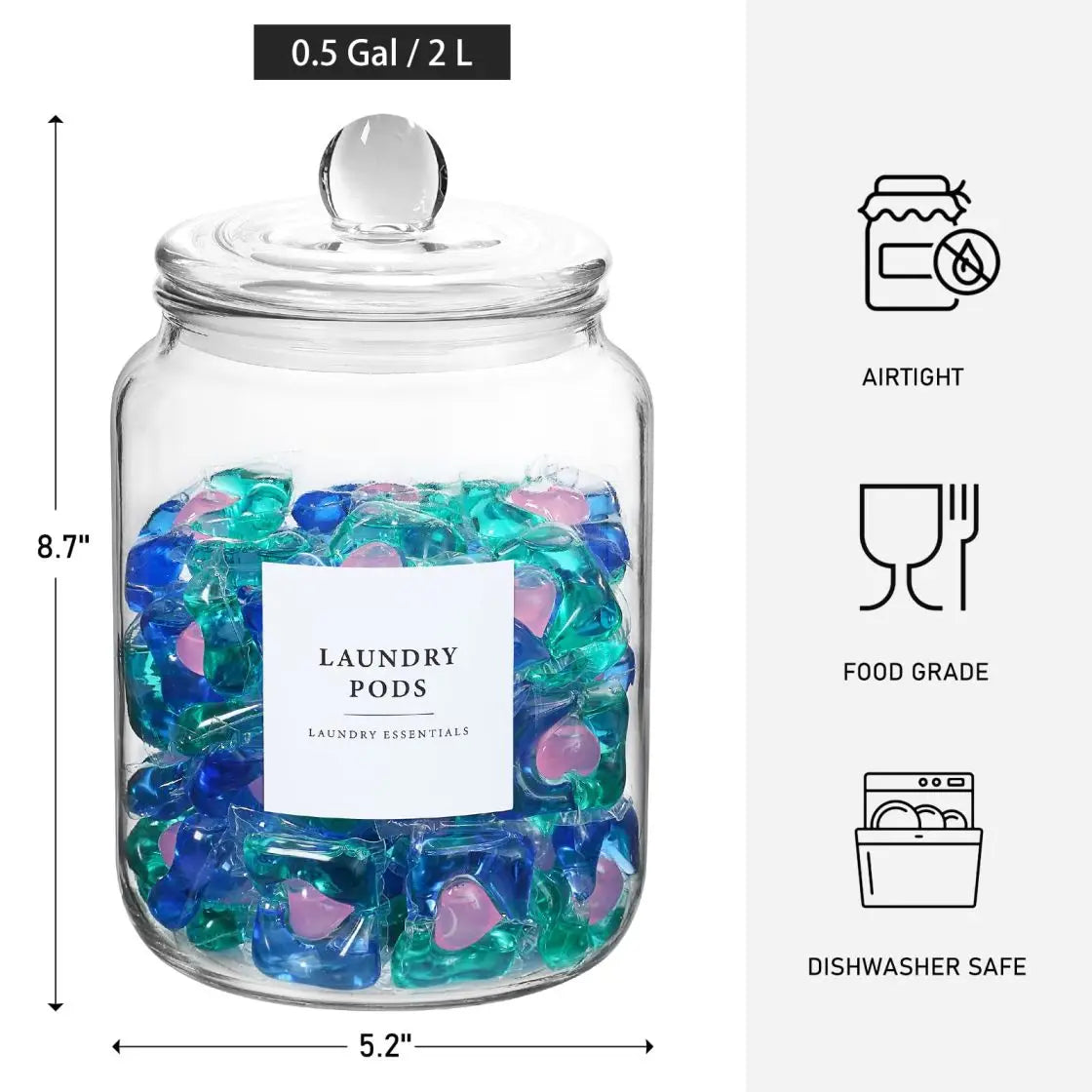 Look at these half‑gallon glass jars — airtight lids, labels, and matching spoons for detergent, pods, and scent boosters. Clean storage, modern laundry décor, and beautifully organized shelves.
