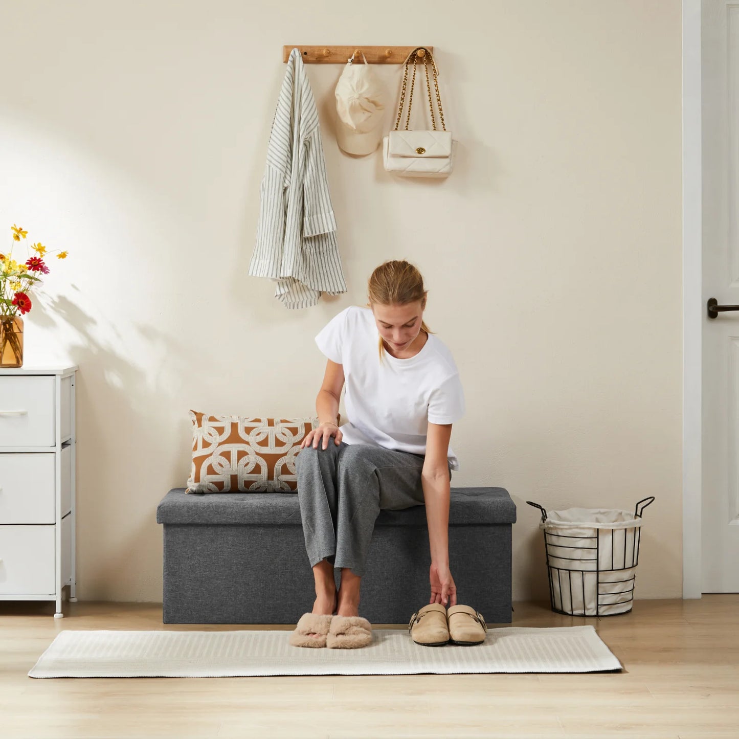 Folding Storage Ottoman Bench Living Room Hidden Storage Footstool Toy Box Bedroom Strong Load-bearing Capacity Stool
