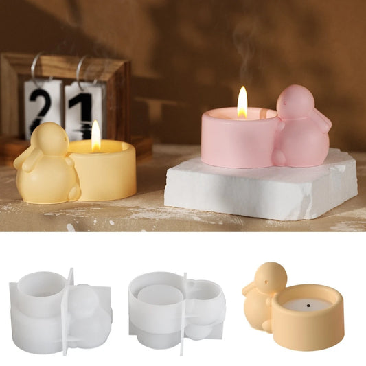 DM1166 Lovely Bunny Candle Holders Silicone Mold DIY Gypsum Craft Container Jar Concrete Cement Storage Pot Molds for Decor