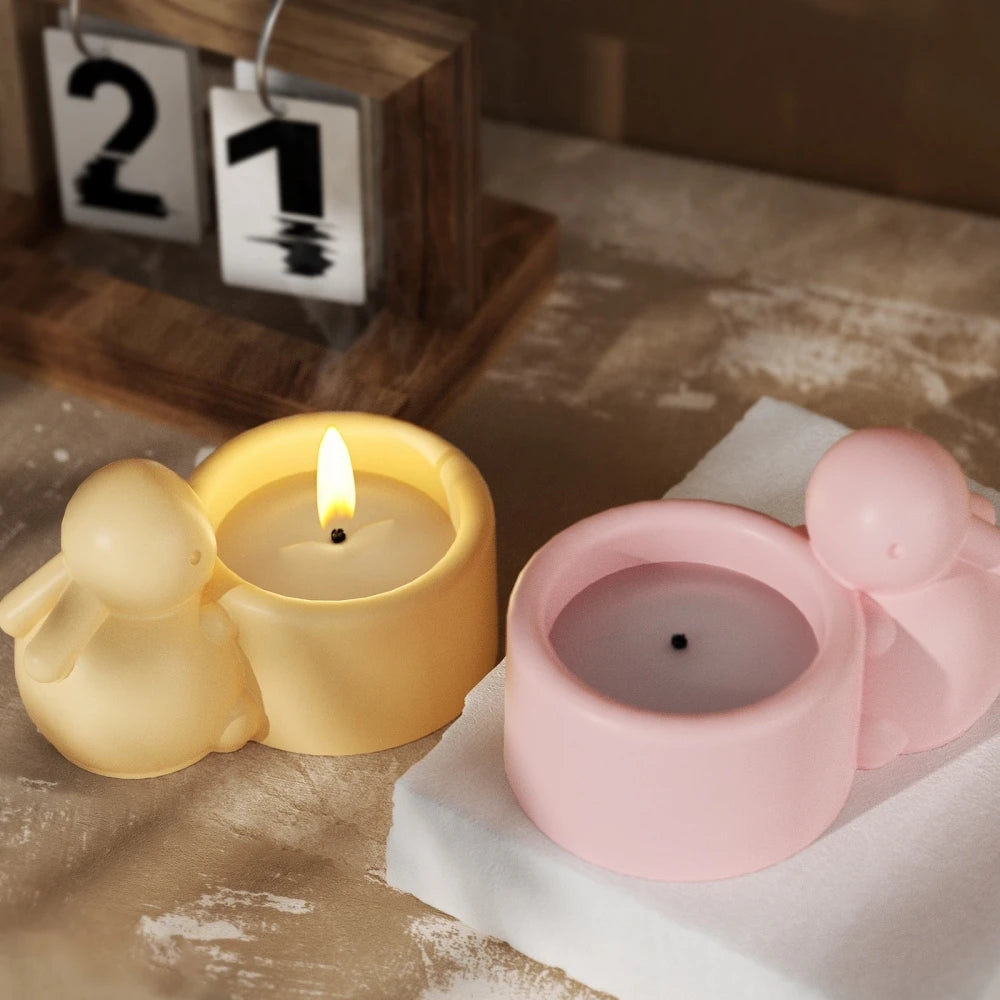 DM1166 Lovely Bunny Candle Holders Silicone Mold DIY Gypsum Craft Container Jar Concrete Cement Storage Pot Molds for Decor