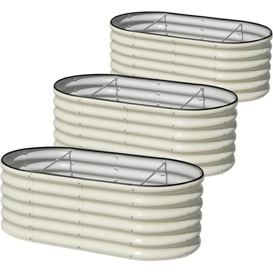 3-Piece 4x2x1.5ft Tall Oval Galvanized Garden Bed Kit, 17 for Outdoor Vegetables, Plants, Fruits, Beige White