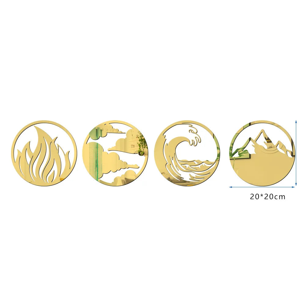 4pcs 3D Acrylic Mirror Sticker Wind Fire Water and Soil Four Elements Round Mirror Wall Sticker Living Room Bedroom Wall Decor