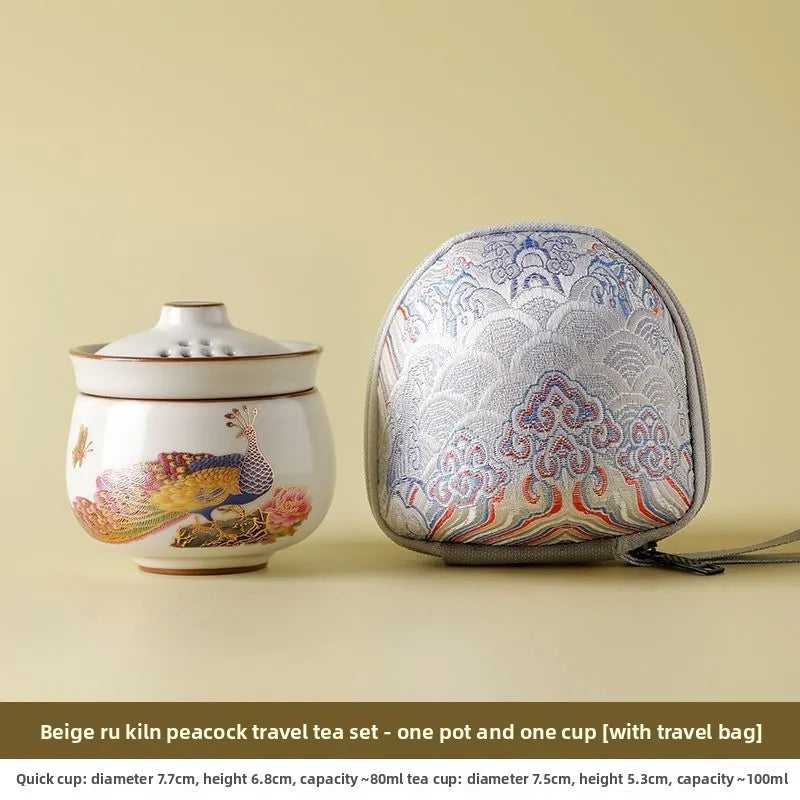Peacock Tea Set — a one‑person travel tea ware kit with a portable ceramic pot and small cup.