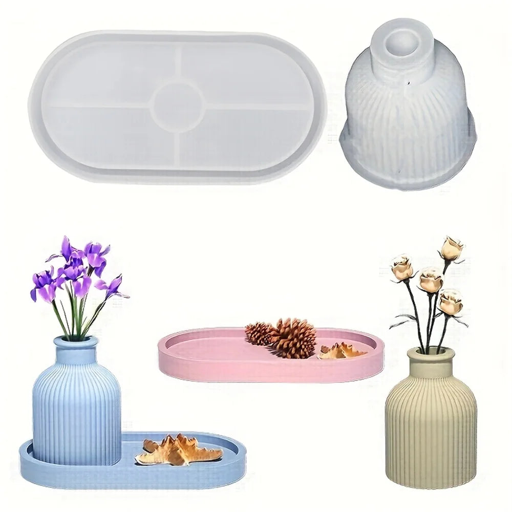 1/2pcs Vase Tray Silicone Mold, Oval Coaster Mold And Bottle Container Mold, Candy Container, Flower Pot, Gift, Home Decoration