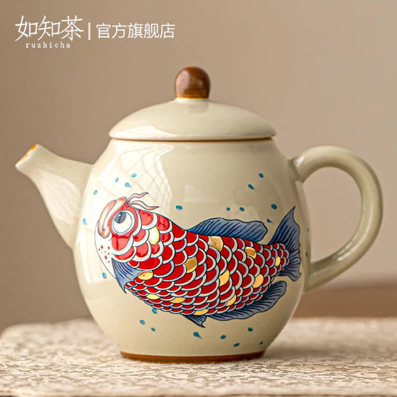 Chinese Arowana ceramic teapot with matching retro Kung Fu teacup — perfect for collectors, tea lovers, and elegant household décor