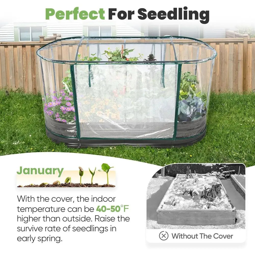Galvanized Oval Planter Garden Box for Outdoor Gardening, Vegetables, Flowers, Clear Cover
