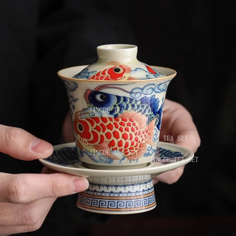 Dragon Fish Triple Talisman Covered Bowl Home-use Chinese Tea Pitcher Single-piece Non-burning Tea Set with Lid Kung Fu