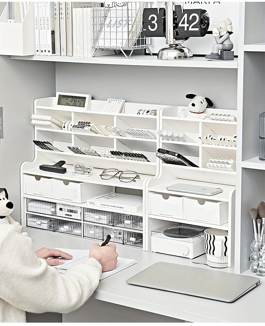 1PC 2-Tier Desk Organizer & Drawer Storage, With Tilt Pen Holder, Raised Bookshelf |Matte White PVC For Stationery, Cosmetics,