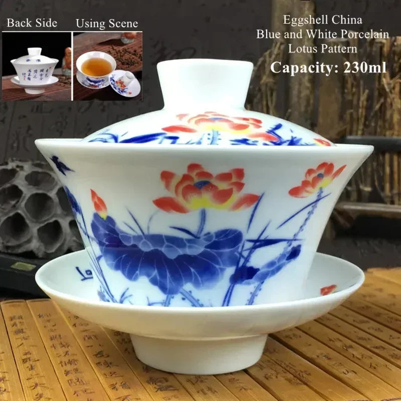 Jingdezhen-Chinese Gaiwan Tea Bowl, Household Porcelain Cups, Beautiful Teaware Teacup and Saucer Set, Ceramic Drinkware Tureen