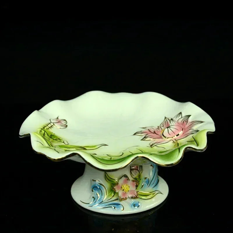 Creative ceramic relief with golden lotus flower incense burner for home use Buddha fruit tray water cup feng shui.