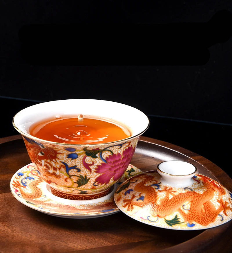 Look at this stunning 180ml colour enamel gaiwan — traditional dragon artwork, ceramic Kung Fu tea style, and perfect for any tea ceremony or décor setup