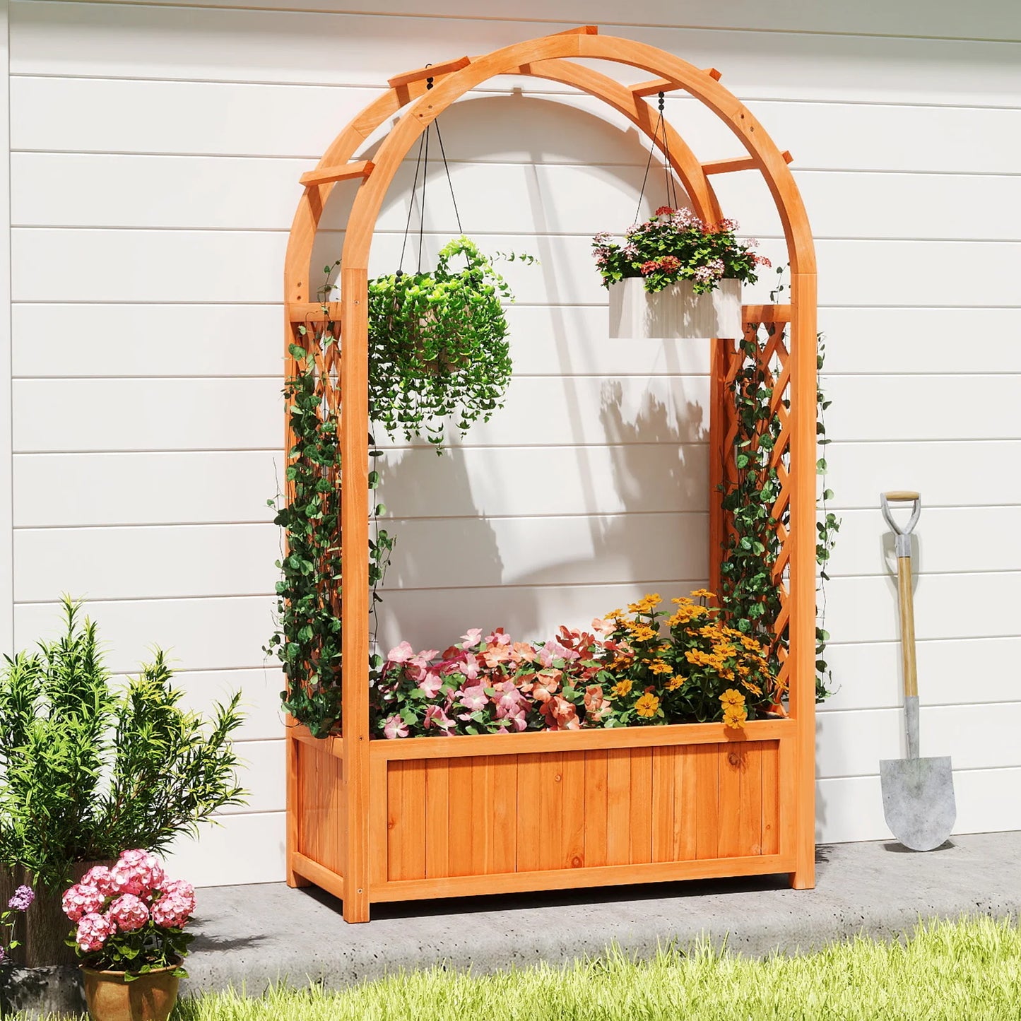 Raised Garden Bed Wooden Elevated Planter Box w/ Lattice Trellis & Ached Roof