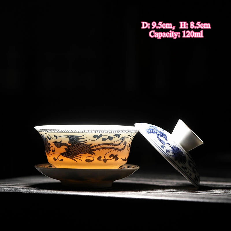 Jingdezhen-Chinese Gaiwan Tea Bowl, Household Porcelain Cups, Beautiful Teaware Teacup and Saucer Set, Ceramic Drinkware Tureen