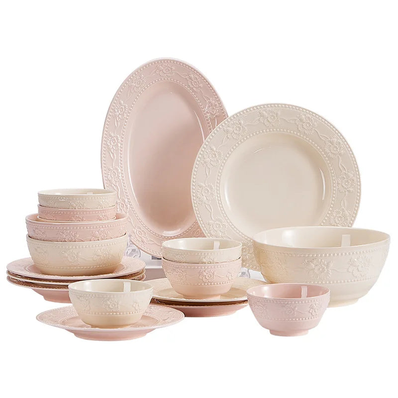 Relief French‑cream ceramic set — a high‑value household combo with rice bowl, vegetable plate, and matching chopsticks.