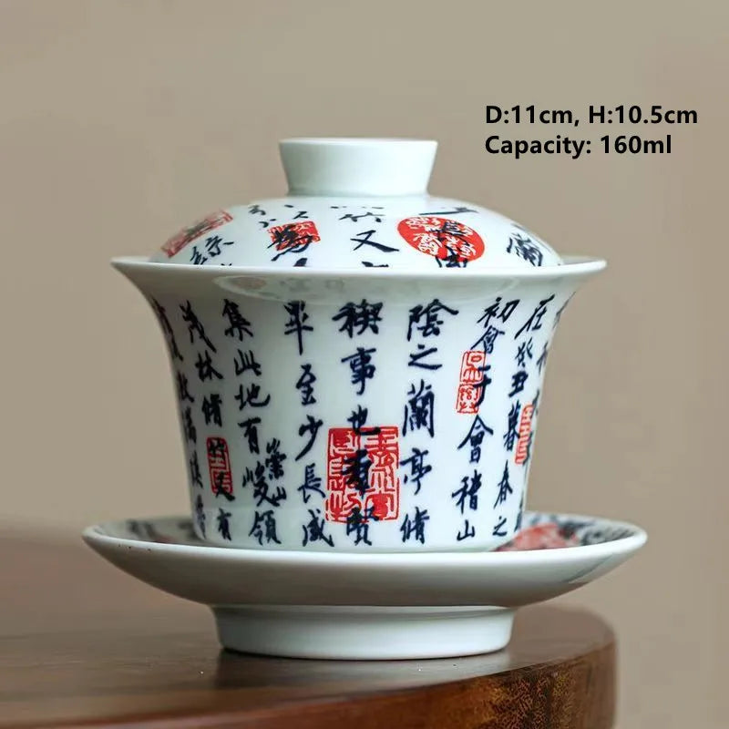 Jingdezhen-Chinese Gaiwan Tea Bowl, Household Porcelain Cups, Beautiful Teaware Teacup and Saucer Set, Ceramic Drinkware Tureen