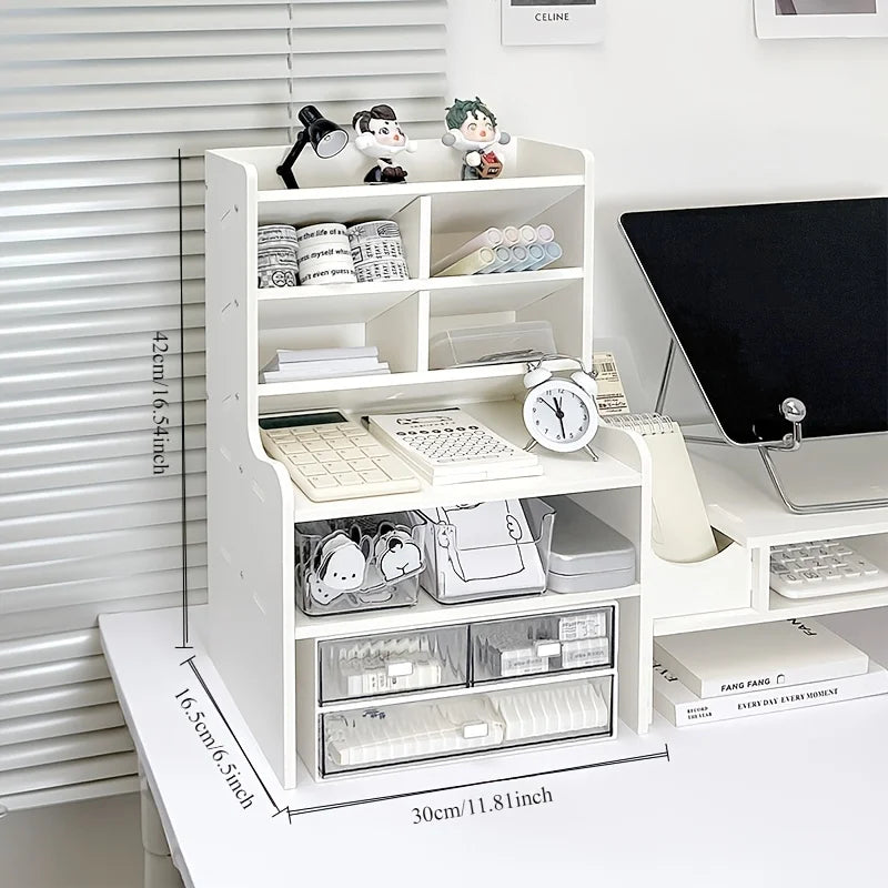 1PC 2-Tier Desk Organizer & Drawer Storage, With Tilt Pen Holder, Raised Bookshelf |Matte White PVC For Stationery, Cosmetics,