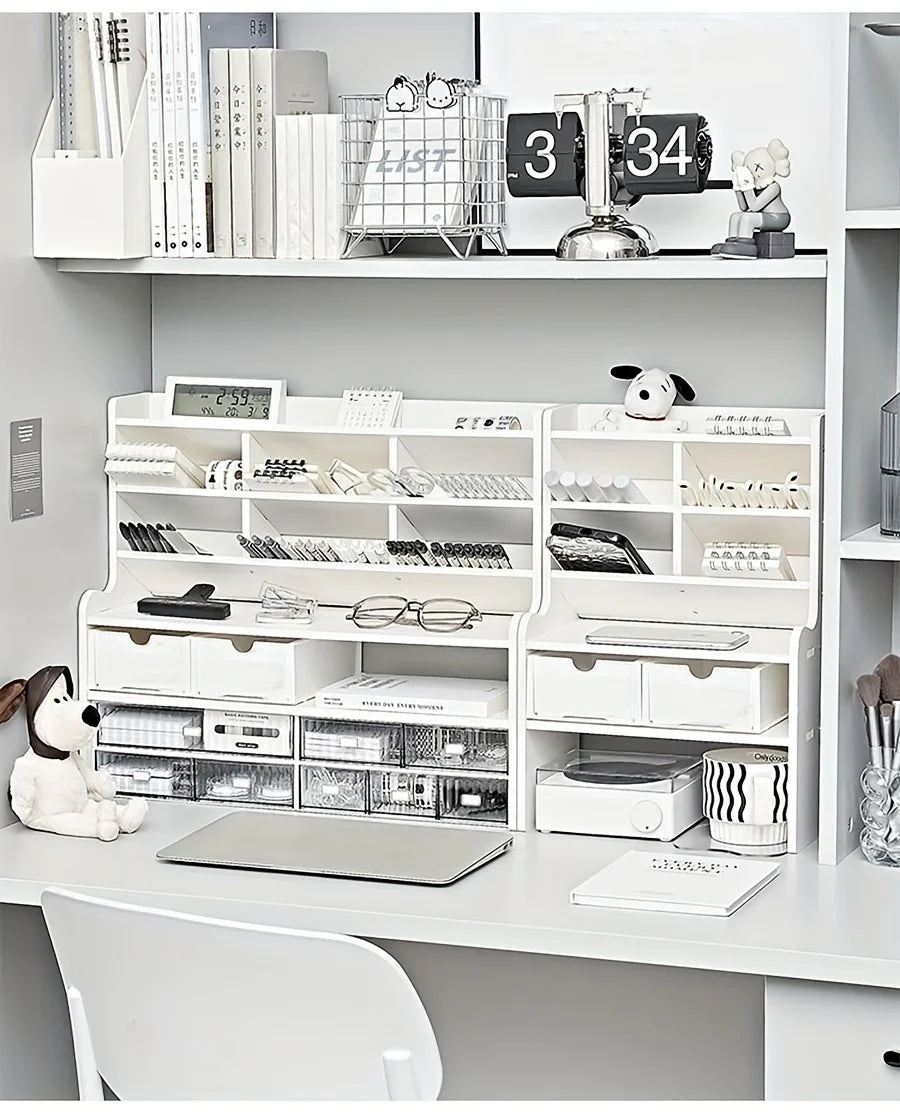 1PC 2-Tier Desk Organizer & Drawer Storage, With Tilt Pen Holder, Raised Bookshelf |Matte White PVC For Stationery, Cosmetics,