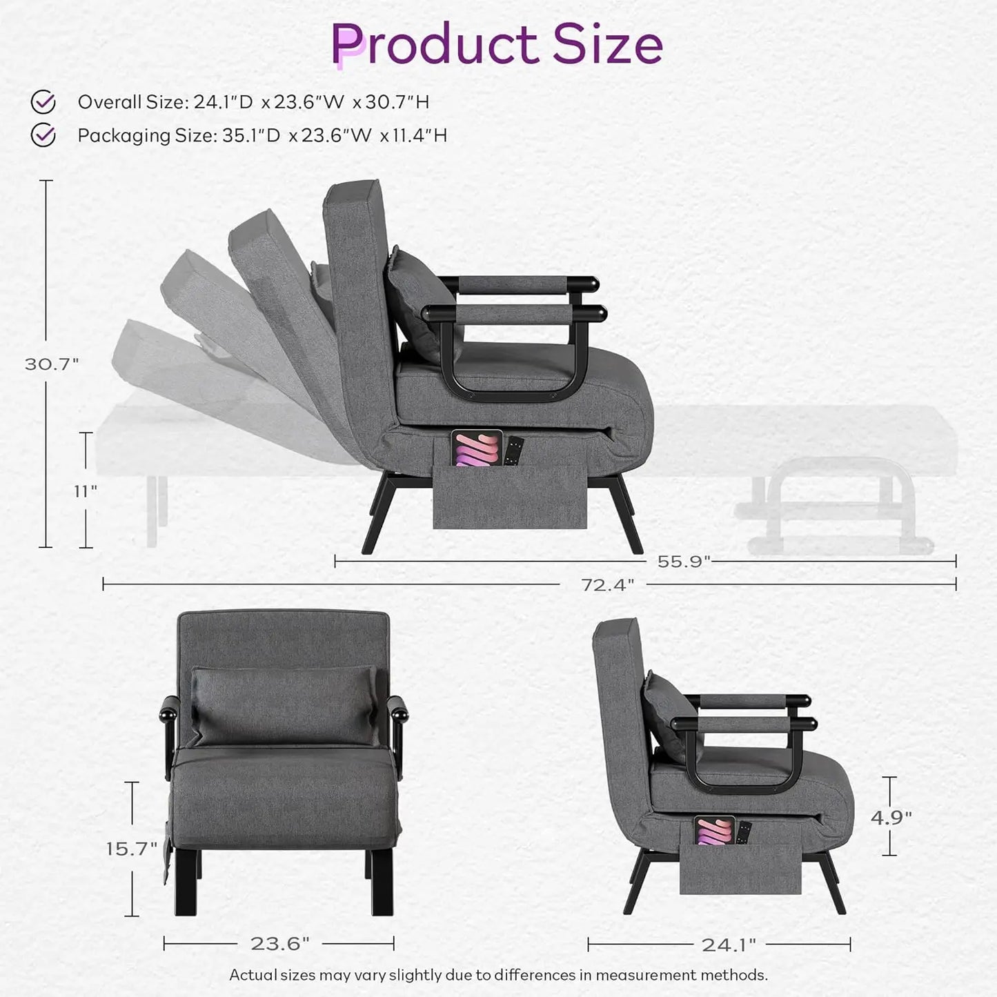 Sleep Chair Bed, Comfy Convertible Sleeper Chairs for Adults, 5 in 1 Folding Sofa Bed with Adjustable Backrest &, Customized