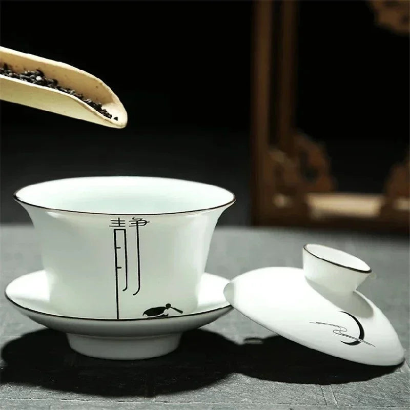 Jingdezhen-Chinese Gaiwan Tea Bowl, Household Porcelain Cups, Beautiful Teaware Teacup and Saucer Set, Ceramic Drinkware Tureen