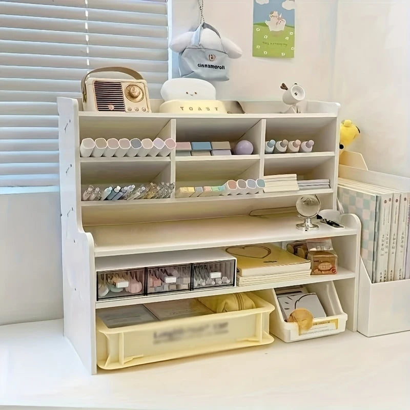 1PC 2-Tier Desk Organizer & Drawer Storage, With Tilt Pen Holder, Raised Bookshelf |Matte White PVC For Stationery, Cosmetics,