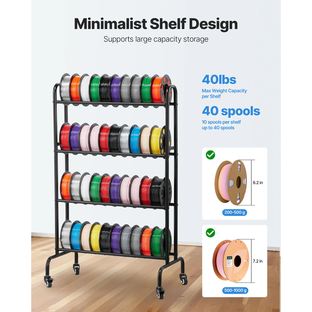 4 Tier 3D Printer Filament Rolling Filament Spool Storage Rack with Wheels for Office Workshop 3D Printing Station