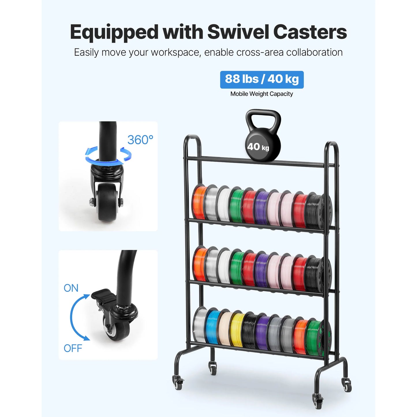 4 Tier 3D Printer Filament Rolling Filament Spool Storage Rack with Wheels for Office Workshop 3D Printing Station