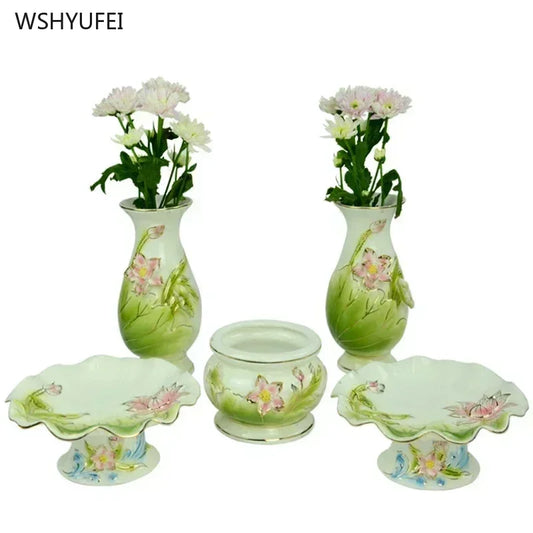 Creative ceramic relief with golden lotus flower incense burner for home use Buddha fruit tray water cup feng shui.