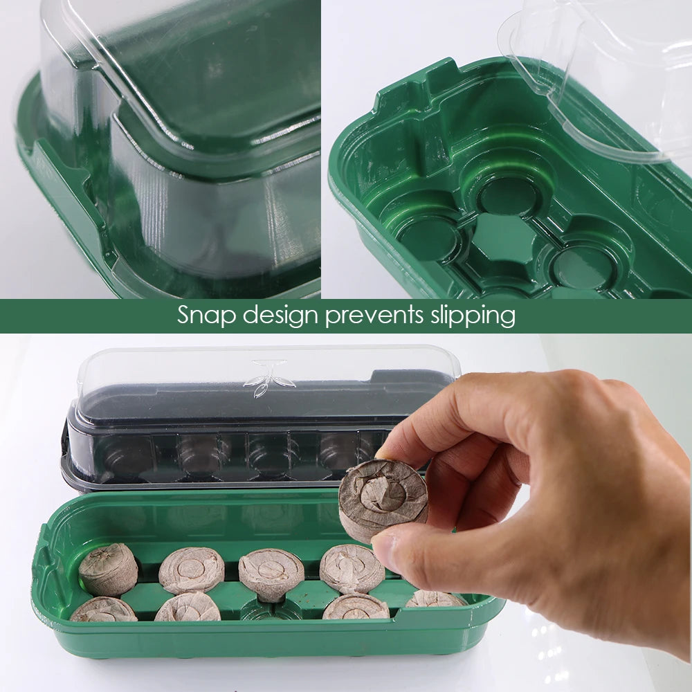 10‑Cell Seedling Trays Germination Box with Nursery Block Peat Pellets & Transparent Cover.