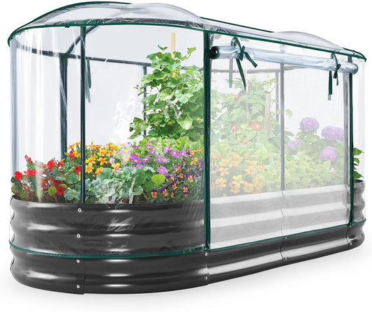 Oval Galvanized Raised Garden Bed with Protective Cover – 6×3×1 ft Outdoor Planter
