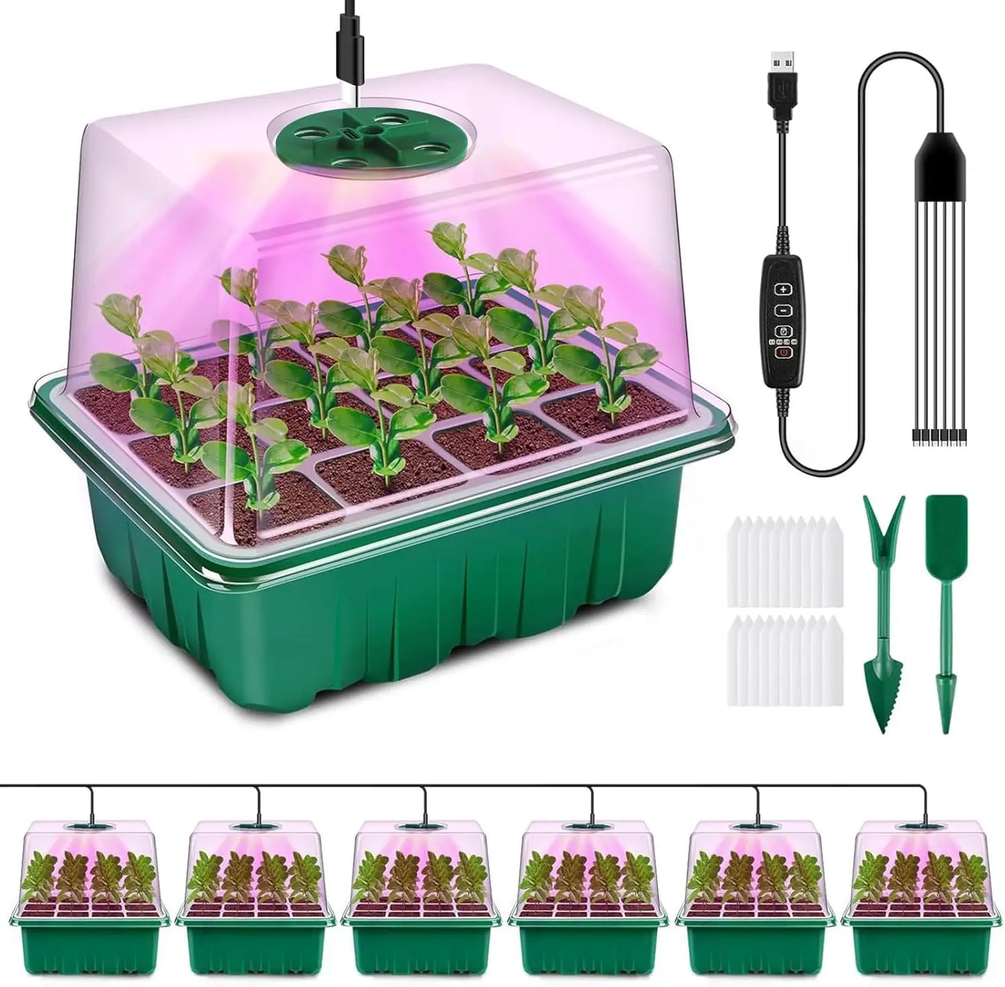 6-Pack Seed Starter Tray with Full Spectrum LED Grow Light, Adjustable Brightness & Timer, Humidity Dome, Gift Box